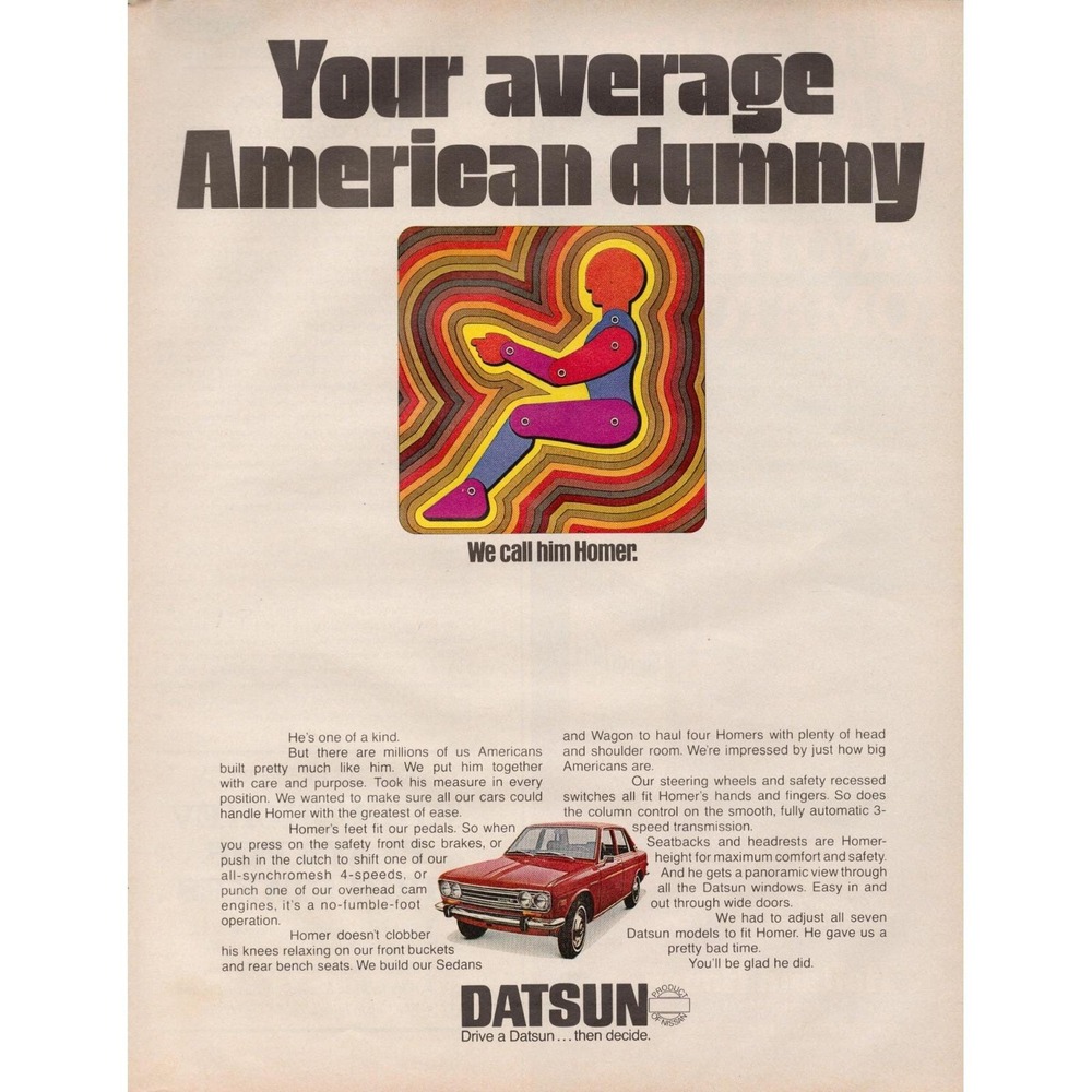 Datsun Your Average American Dummy Vintage Automotive Magazine Print Ad 1970